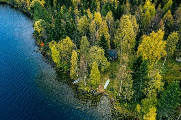 フィンランドの田舎の秋の青い湖のそばの秋の色の森のコテージの空撮