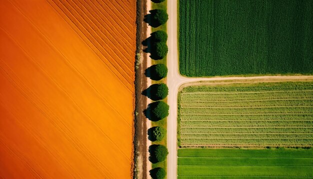 An aerial view of a country road and a field with trees and a field with a yellow sky.
