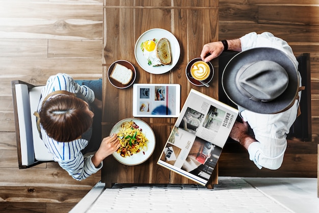 Aerial view of couple at coffee shop