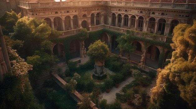 An aerial view of a courtyard with a garden in the middle and the sun shining on the left.