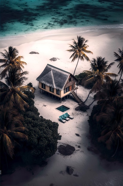 Aerial view of a cozy house at the beach Generative AI