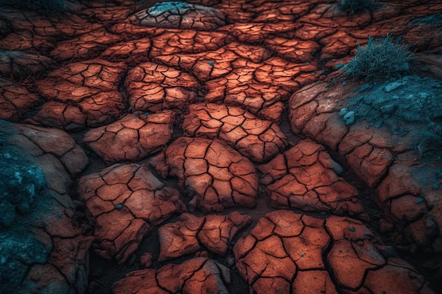 An aerial view of cracked red rocks with green grass Generative AI