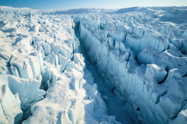 Aerial view of a crevasse network on a glacier