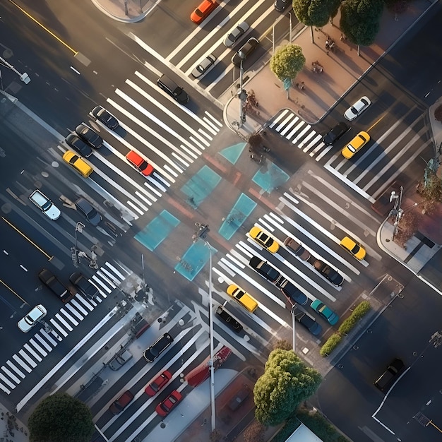Photo aerial view of a crosswalk with cars in the city 3d rendering