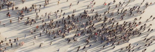Vista aerea di una folla di persone collegate da linee social media e concetto di comunicazione community generative ai
