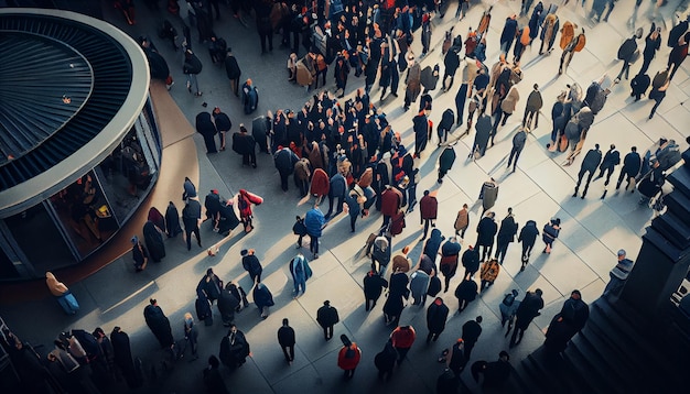 Aerial view of crowd of people walking on the street Generative Ai