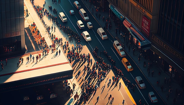 Вид с воздуха на толпу людей, идущих по улице Генератив Ай