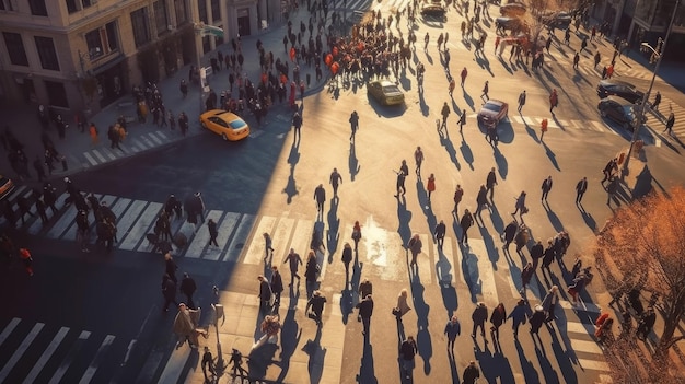 Foto veduta aerea della folla che cammina su una strada pedonale degli affari in città, gente d'affari sfocata che cammina su una strada ai generativa
