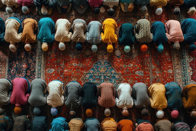 Photo aerial view of a crowd in prayer showcasing a colorful display of unity and faith