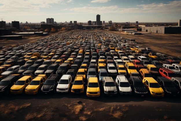 Aerial view of a crowded parking lot overflowing with numerous cars and vehicles