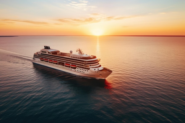 Aerial view of a cruise ship at sunset in sea Summer tropical vacation concept AI generated