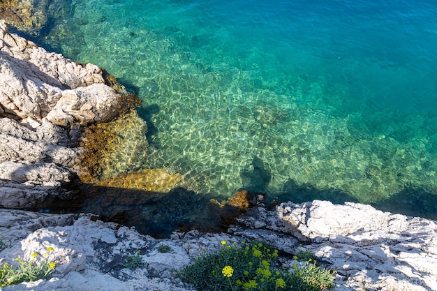 파그 섬 크로아티아의 바다 여름 풍경 해변에서 태양의 눈부심과 돌출된 절벽을 반영하는 맑은 물