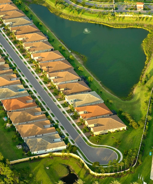 Aerial view of cul de sac at neighbourhood road dead end with densely built homes in Florida closed living area Real estate development of family houses and infrastructure in american suburbs