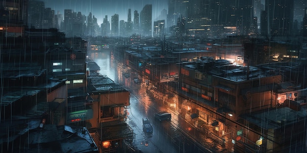 aerial view of cyberpunk city