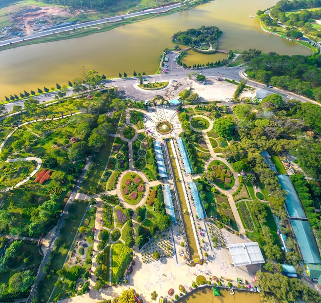 Aerial view of Da Lat city beautiful tourism destination in central highlands Vietnam.