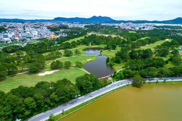 Aerial view of Da Lat city beautiful tourism destination in central highlands Vietnam.