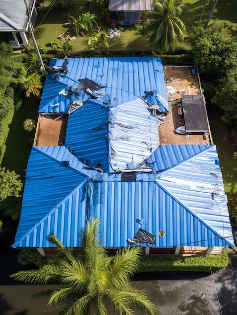Aerial view of damaged in hurricane ian house roof covered with blue protective tarp against rain