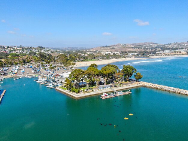 Aerial view of Dana Point Harbor and her marina with yacht and sailboat Orange County California