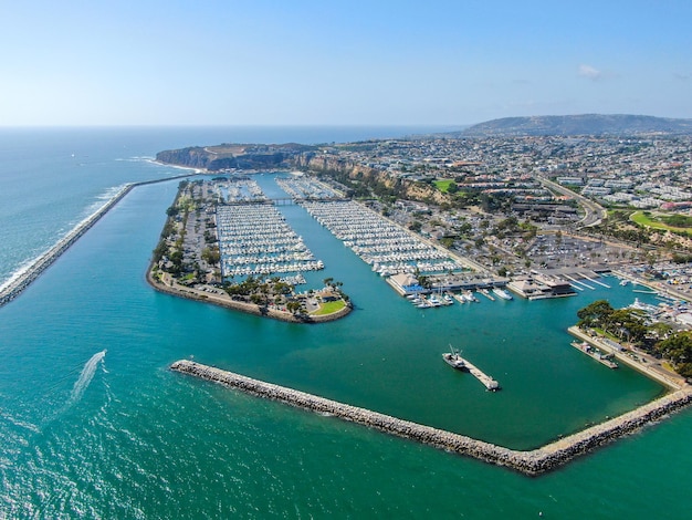 Aerial view of dana point harbor and her marina with yacht and sailboat orange county california