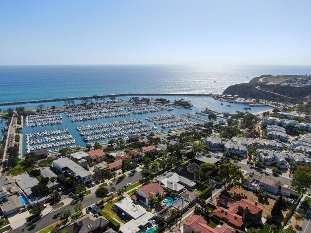 Aerial view of Dana Point Harbor town and beach Southern Orange County California USA