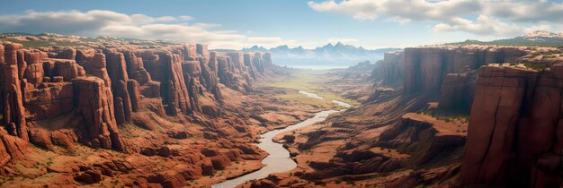 вид с воздуха на глубокий каньон с крутыми скалами и извилистой рекой