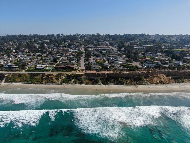 Aerial view of Del Mar coastline and beach, San Diego County, California, USA.