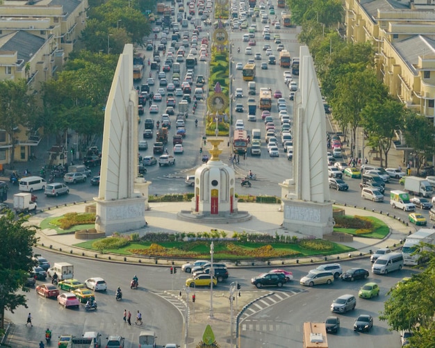 An aerial view of the Democracy Monument in Ratchadamnoen Avenue The most famous tourist attraction in Bangkok Thailand