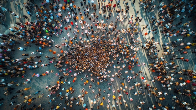 Photo aerial view of a dense crowd gathered in a city square for a cultural festival the patterns of the crowd forming an organic tapestry from above ai generative