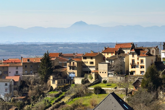 Aerial view of dense historic center of Thiers town in PuydeDome department AuvergneRhoneAlpes region in France Rooftops of old buildings and narrow streets