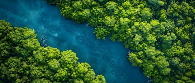 Aerial view of dense mangrove forest capturing CO2 absorption promoting carbon neutrality and sustainable environment Concept Mangrove conservation Aerial photography Carbon sequestration