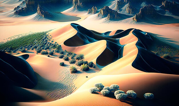 Aerial view of a desert landscape with sand dunes