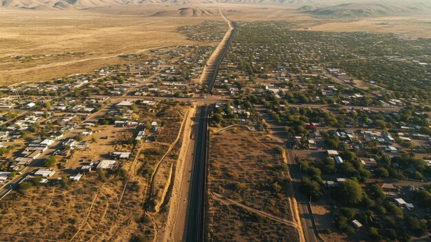 メキシコとアメリカの国境にある砂漠の町の空中画像