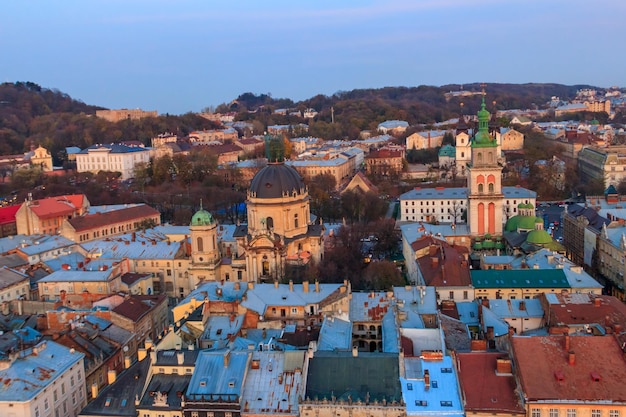 Aerial view of Dominican cathedral Assumption church and historic center of Lviv Ukraine Lvov cityscape View from Lviv Town Hall