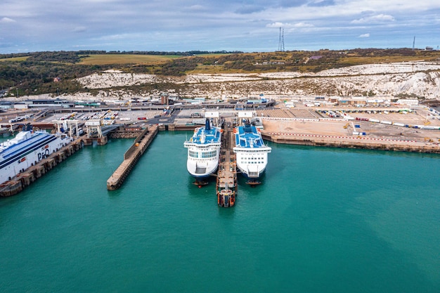 Aerial view of the dover harbor with many ferries