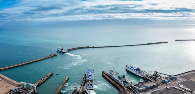 Aerial view of the dover harbor with many ferries