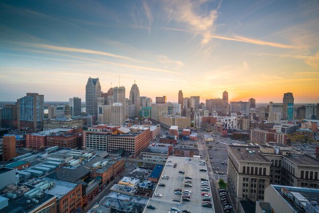 Aerial view of downtown Detroit at twilight in Michigan USA