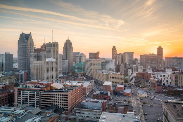 Aerial view of downtown Detroit at twilight in Michigan USA