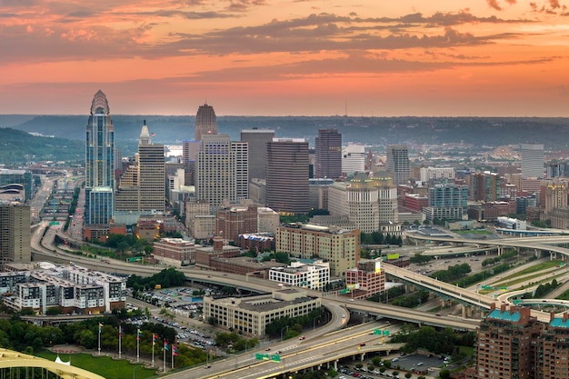 Aerial view of downtown district of Cincinnati city in Ohio USA at sunset Brightly illuminated high skyscraper buildings in modern American midtown