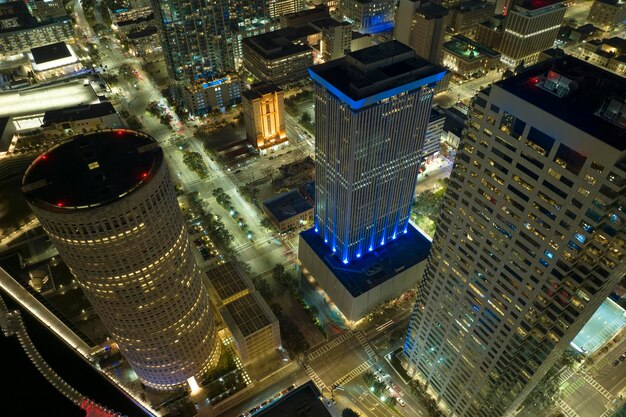 Aerial view of downtown district of tampa city in florida usa brightly illuminated high skyscraper buildings in modern american midtown