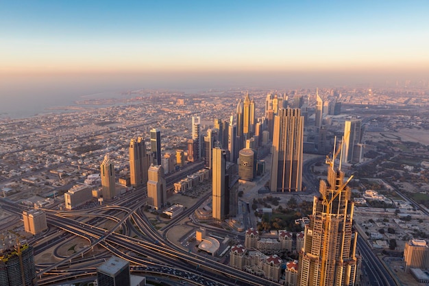 Aerial view of downtown in Dubai with blue sky