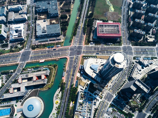 Aerial view of downtown skyscrapers