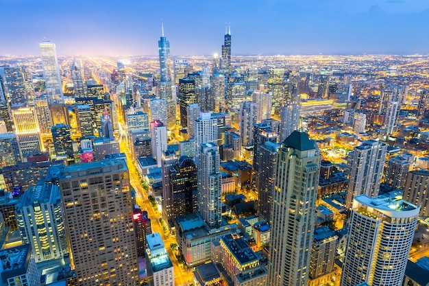 Aerial view of downtown towers at sunset