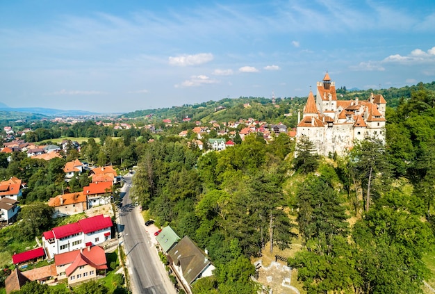 Aerial view of Dracula's castle in Bran Transylvania Romania