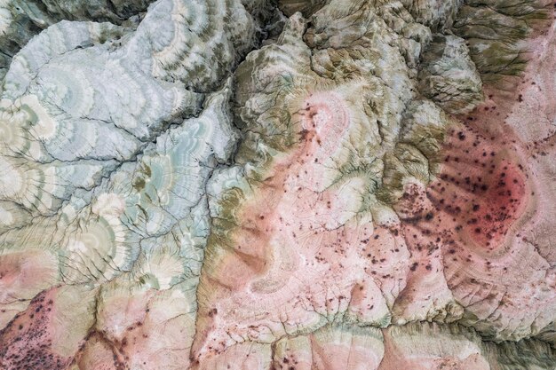 Aerial view of dried alluvial lake and mountain