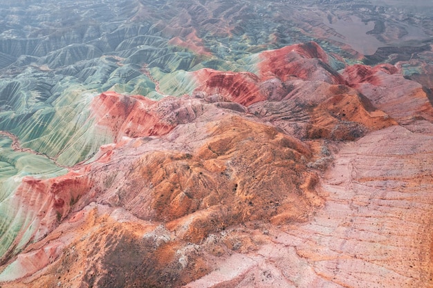 Aerial view of dried alluvial lake and mountain