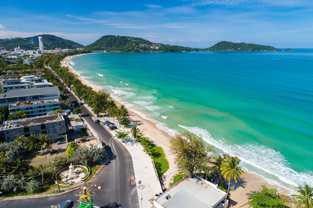 Aerial view Drone camera Amazing sea nature view over Patong city Phuket Thailand in the morning Beautiful patong beach in summer season.