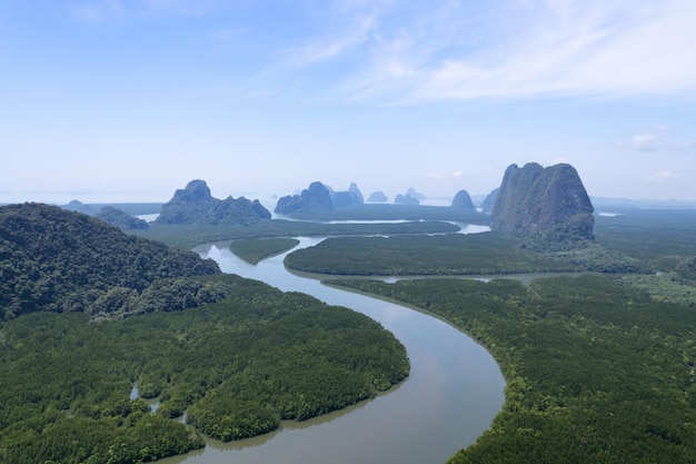 Aerial view drone shot of beautiful nature landscape forest in the morning Drone flying over sea and mangrove forest Landscape High angle view Dynamic aerial shot Amazing nature panorama view