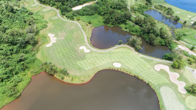 Aerial view drone shot of golf course