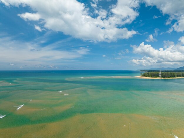 Aerial view drone shot of Tropical sea in Phuket thailandBeautiful sea beach background