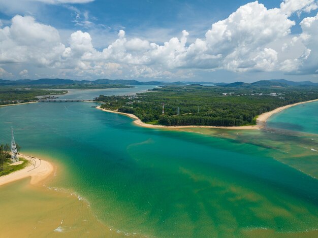 Aerial view drone shot of Tropical sea in Phuket thailandBeautiful sea beach background